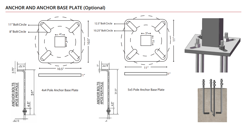 20′ Square Steel Pole, Anchor Bolts, and Base Plate